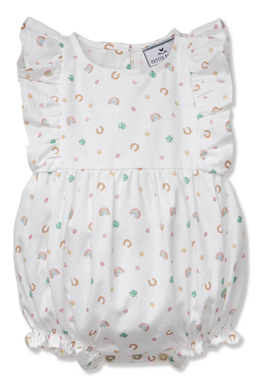 NEW PETITE PLUME girls good luck charms twill ruffle romper in white